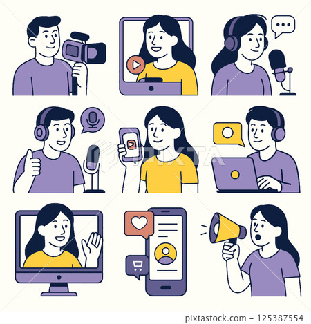 Engaging illustrations of podcasting and content creation activities, featuring individuals using various devices like microphones, cameras, and computers. vibrant colors and expressions convey Engaging illustrations of podcasting and content creation activities, featuring individuals using various devices like microphones, cameras, and computers. vibrant colors and expressions convey 125387554