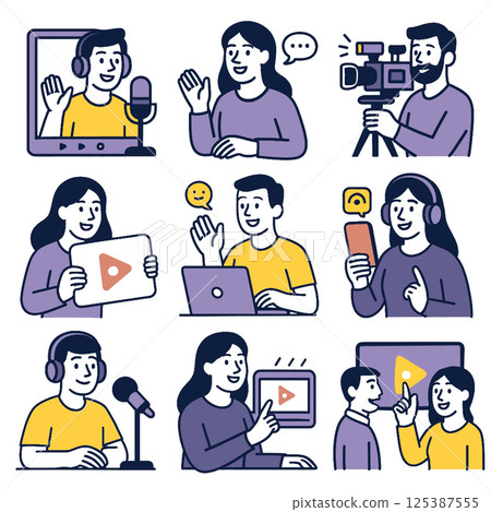 Engaging illustrations of podcasting and video content creation featuring diverse individuals using microphones, cameras, and digital devices. These visuals capture essence of modern media 125387555