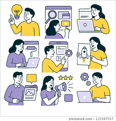 Creative web design concepts are illustrated through various characters engaged in digital tasks, showcasing teamwork and innovation in modern workspace Creative web design concepts are illustrated through various characters engaged in digital tasks, showcasing teamwork and innovation in modern workspace 125387557