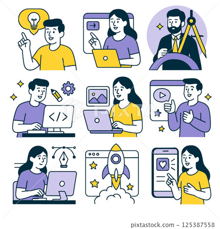 Creative web design concepts are illustrated this vibrant image, showcasing individuals engaged various digital tasks, from coding to brainstorming ideas. colorful graphics evoke sense Creative web design concepts are illustrated this vibrant image, showcasing individuals engaged various digital tasks, from coding to brainstorming ideas. colorful graphics evoke sense 125387558