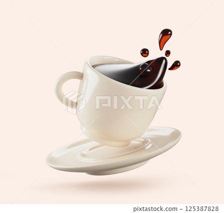 3d white cup with saucer and splash of coffee flying in air. Falling mug with espresso or americano. Spill drink with liquid wave and drop, stream caffeine beverage for cafe shop menu. 3D illustration 3d white cup with saucer and splash of coffee flying in air. Falling mug with espresso or americano. Spill drink with liquid wave and drop, stream caffeine beverage for cafe shop menu. 3D illustration 125387828