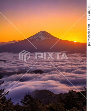 Mount Fuji, sea of clouds and sunrise (AI generated image) 125387920