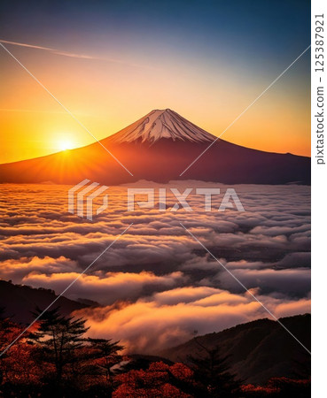Mount Fuji, sea of clouds and sunrise (AI generated image) Mount Fuji, sea of clouds and sunrise (AI generated image) 125387921