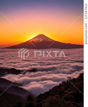 Mount Fuji, sea of clouds and sunrise (AI generated image) 125387922