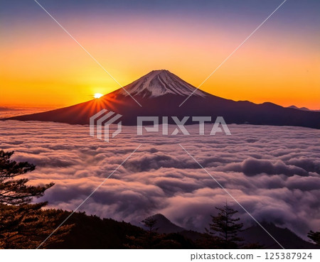 Mount Fuji, sea of clouds and sunrise (AI generated image) 125387924