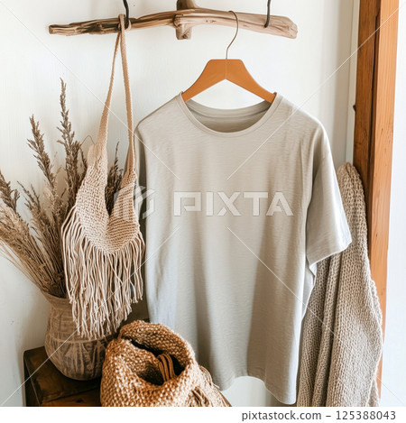 Boho T-Shirt Mockup with Elegant Accessories and Earthy Textures 125388043