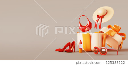 3d open gift box with women red shoes, bag, hat, sunglasses, lipstick for holiday promotion design. Fashion store shopping sale, birthday discount, customer present, client surprise. 3D illustration 125388222