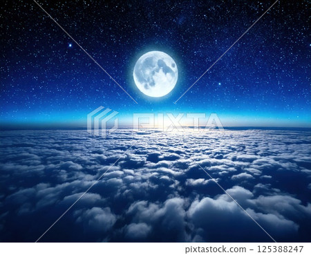 Full moon and sea of clouds at night (AI generated image) 125388247