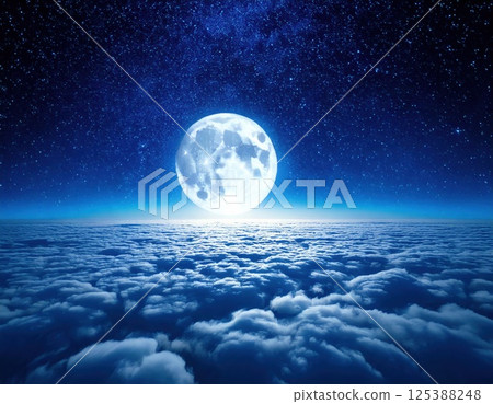 Full moon and sea of clouds at night (AI generated image) 125388248