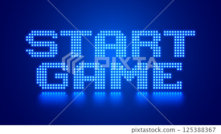 Design of start game message. Pixel art. 8 bit game. Retro gaming for vector computer game assets. Arcade retro gaming. Web banner with neon design phrase Start Game on blue background. 125388367