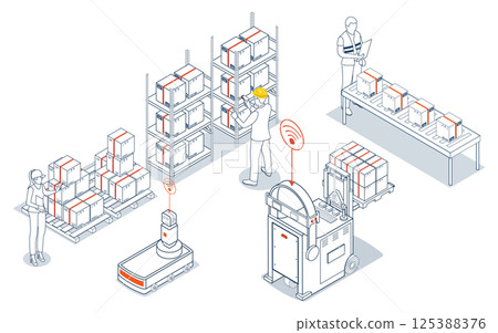 Male and female warehouse workers use barcode scanners to analyze newly arrived goods, ensuring accurate inventory management within the supply chain. 125388376