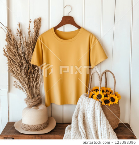 Boho T-Shirt Mockup Series with Elegant Accessories and Earthy Textures 125388396