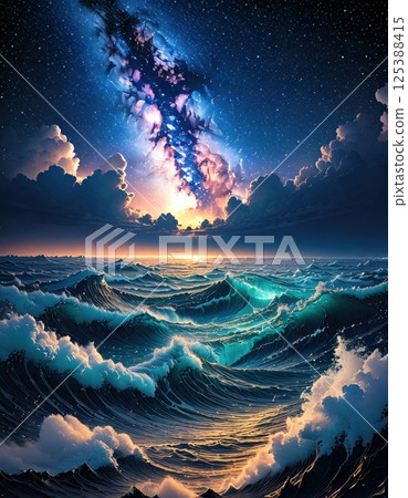 Fantastic stormy ocean and Milky Way (AI generated image) 125388415