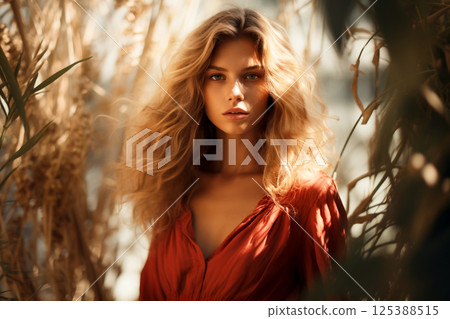 Beautiful young woman in her 20s or 30s with long curly red hair posing confidently. fashion model style, natural beauty, elegance, and charm Beautiful young woman in her 20s or 30s with long curly red hair posing confidently. fashion model style, natural beauty, elegance, and charm 125388515