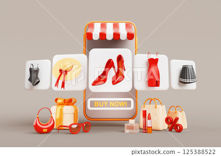 Online fashion shop sale concept. Render smartphone with app and swipe screens dress, shoes, handbag. Choose and buy women clothes with shopping bag, percentage, gift box and cosmetic. 3D illustration 125388522