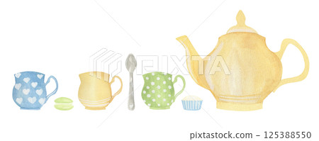Whimsical watercolor of a tea set cups, spoon, teapot, macaron, and cupcake in soft pastel tones. Perfect for invitations, kitchen prints, or children book illustrations, packages, scrapbooking 125388550