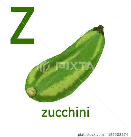 Watercolor English alphabet made of cute fruits and vegetables. Illustration zucchini Watercolor English alphabet made of cute fruits and vegetables. Illustration zucchini 125388574