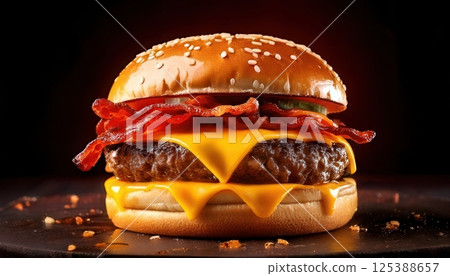 A mouthwatering cheeseburger with juicy beef patty, crispy bacon, melted cheddar cheese, and a sesame bun. 125388657
