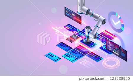 Robot or robotic arm shifts semiconductor chips on an assembly line at an electronics factory. An industrial robot uses a suction cup to drag small details of microchips. Programming an automated line 125388990