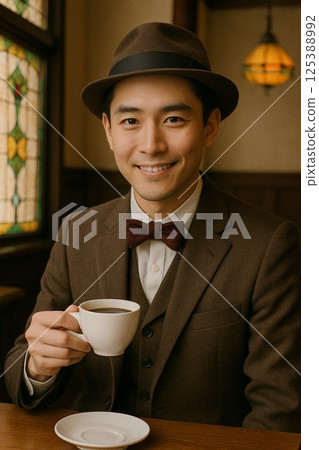 一位年輕人在大正時代的咖啡館休息 125388992