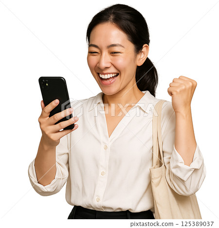 A woman looking at her smartphone and giving a fist pump 125389037