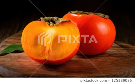 A perfectly ripe persimmon cut in half, displaying its vibrant orange flesh and smooth texture on a wooden board. A perfectly ripe persimmon cut in half, displaying its vibrant orange flesh and smooth texture on a wooden board. 125389086