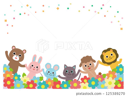 Animals and flowers holding hands frame horizontal Animals and flowers holding hands frame horizontal 125389270