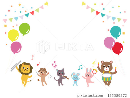 動物音樂會氣球和花環框架水平 125389272