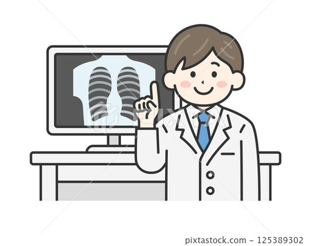 Illustration of a male doctor showing a monitor and explaining (line drawing color) Illustration of a male doctor showing a monitor and explaining (line drawing color) 125389302