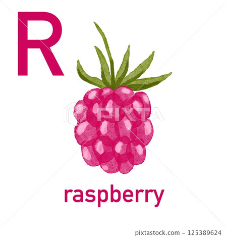 Watercolor English alphabet made of cute fruits and vegetables. Illustration raspberry 125389624