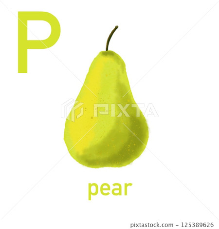 Watercolor English alphabet made of cute fruits and vegetables. Illustration pear 125389626