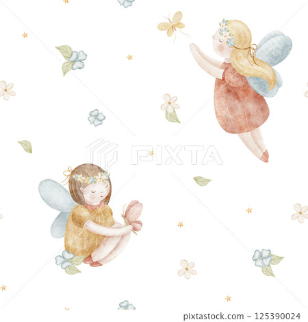 Watercolor pattern flower fairies girls fly with butterflies. Illustration is hand drawn in cartoon style. Seamless print children on isolated background for fabric, baby clothes, textile, wallpaper 125390024