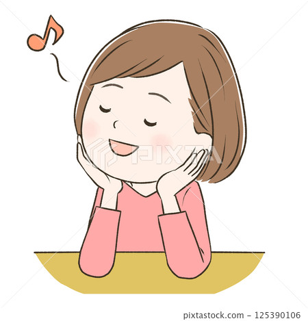 一個可愛的女人心情愉快地唱歌，雙手托著下巴，抬頭仰望 125390106