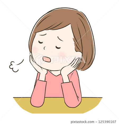 一位可愛的女士雙手托著下巴，抬頭望著，嘆了口氣 125390107