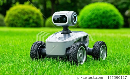 Smart robot on four rugged wheels sits on a vibrant green lawn, featuring an advanced camera head with lenses. Background has blurred green bushes, adding depth and contrast 125390117