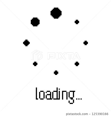 Dotted loading progress icon in pixel art style. Vector circular dots load indicator 8-bit design. 125390166