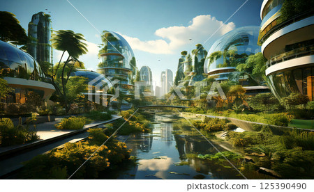 Image of a nature-rich near-future city (AI-generated image) 125390490