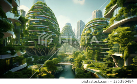 自然資源豐富的近未來城市形象（人工智慧產生的圖像） 125390494