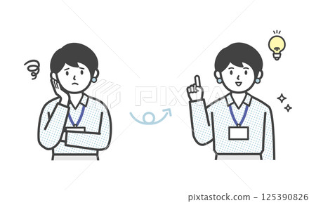 A woman in office casual clothes solving a problem (bust up) 125390826