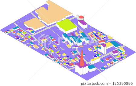居住區和公共設施的彩色3D地圖 居住區和公共設施的彩色3D地圖 125390896