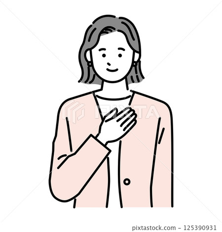 A woman in a suit holding her hand on her chest 125390931