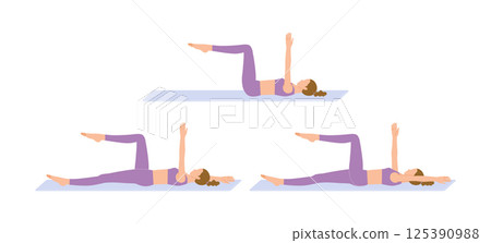 Muscle training: Illustration set of a young woman doing deadbugs (correct form) 125390988