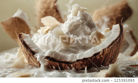 Tropical coconut filled with light and fluffy whipped topping for a refreshing snack Tropical coconut filled with light and fluffy whipped topping for a refreshing snack 125391093