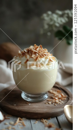Delectable dessert featuring coconut and whipped cream served on a beautiful plate for enjoyment Delectable dessert featuring coconut and whipped cream served on a beautiful plate for enjoyment 125391094