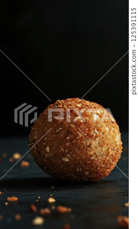 Creative presentation of a ball of food placed on a wooden table for a unique dining experience 125391115