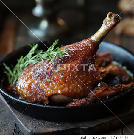 Whole chicken cooking in a pan on the stove with aromatic herbs and spices infusing flavors 125391133