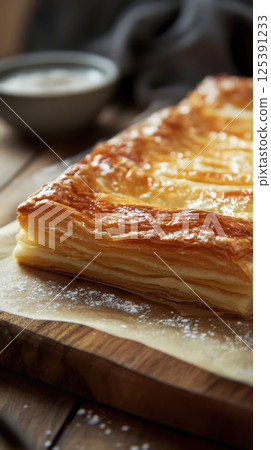 Artisan pastry elegantly placed on a rustic wooden cutting board for a cozy presentation 125391233