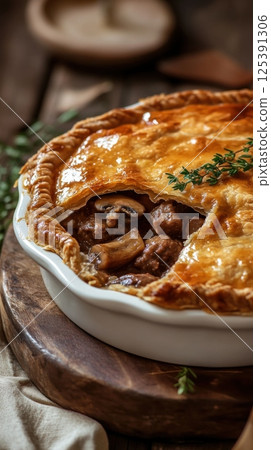 Savory meat and mushroom pie displayed on a wooden board with flaky golden crust Savory meat and mushroom pie displayed on a wooden board with flaky golden crust 125391306