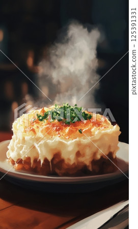 Flavorful plate of steaming hot food surrounded by aromatic steam rising in the air 125391331