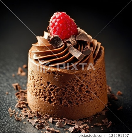 Decadent chocolate cake with a single raspberry on top for an elegant dessert presentation 125391397
